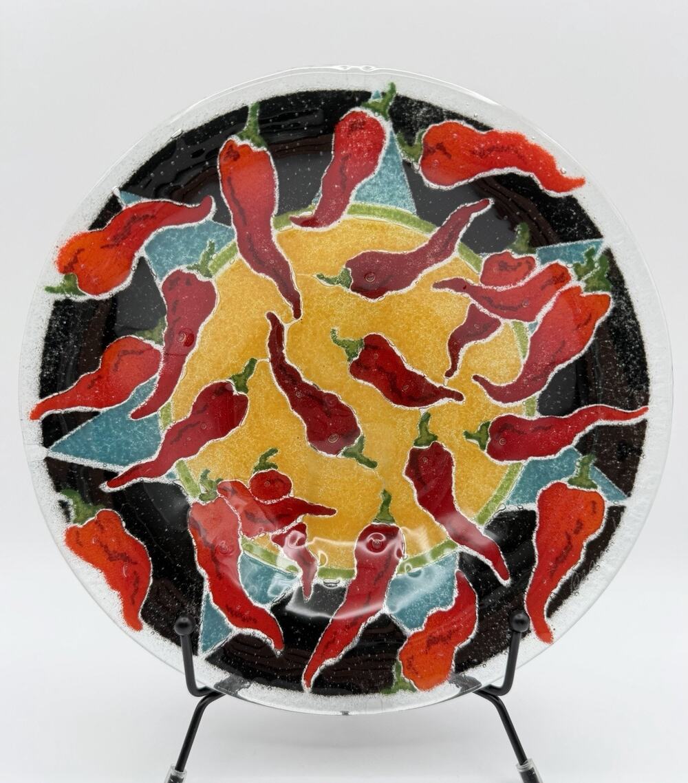 Peggy Karr Fused Art Glass Red Chili Hot Peppers Bowl 8.5" Dish Signed